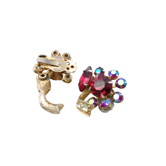 Vintage Bold Glitz Clip-On Earrings, Gold Tone with Red & AB Rhinestones - Picture 4 of 4
